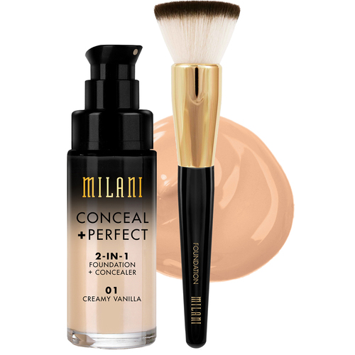 Milani Cosmetics Milani Conceal & Perfect Liquid Foundation Light Tan & Brush
