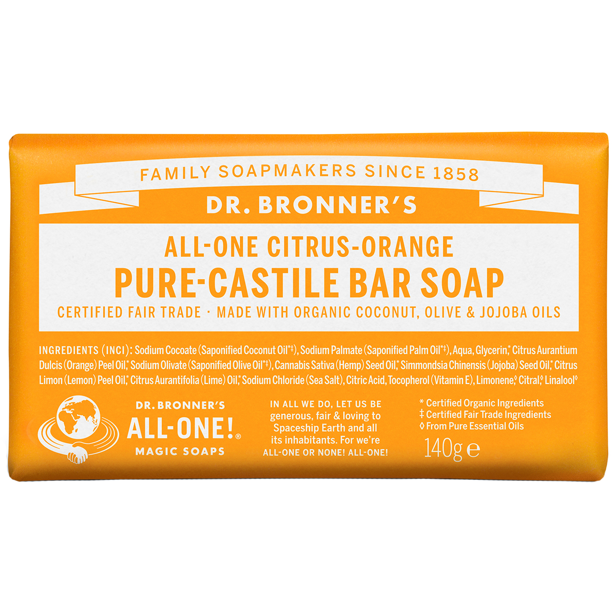 Citrus Orange Bar Soap, 140 g Dr. Bronner's Bad- & Dusjkrem